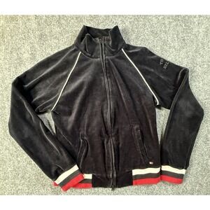 Tommy Hilfiger‎ Jacket Womens M Black Velour Full Zip Collared Embroidered Logo